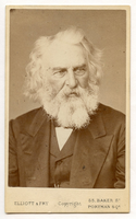 Portrait of Henry Wadsworth Longfellow. Head and shoulders visible against plain background. Longfellow turns his head slightly to his left. He wears formal attire and has chin-length white hair and a full white beard.