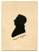 Silhouette of Henry Wadsworth Longfellow's profile. He has a high collar. Below the silhouette is Longfellow's signature.