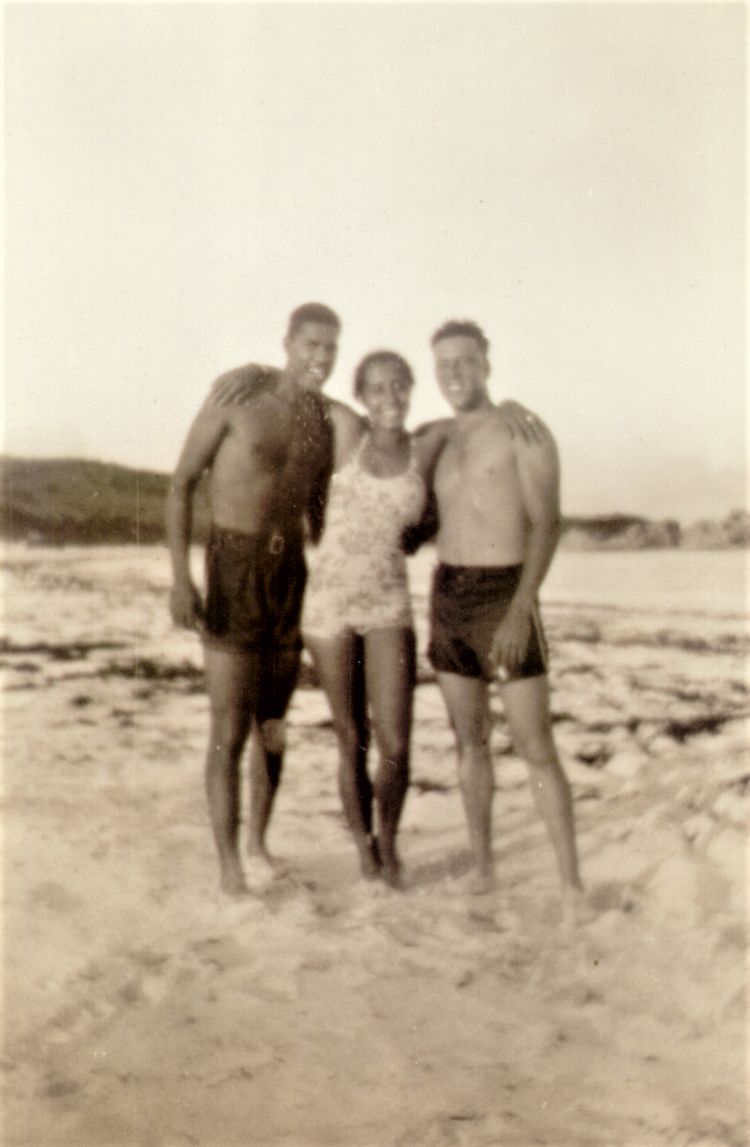 Maggie Laura Walker on the beach with friends Lewellyn and George.