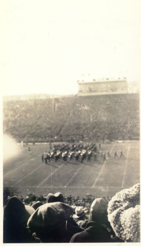 Marching band in formation in stadium