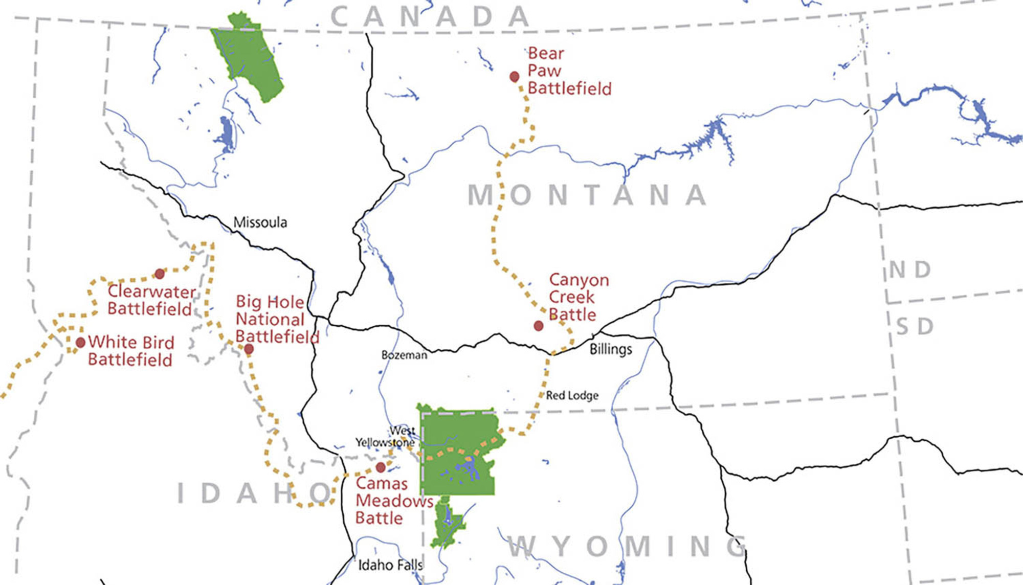 Map of the 1877 Flight of the Nez Perce