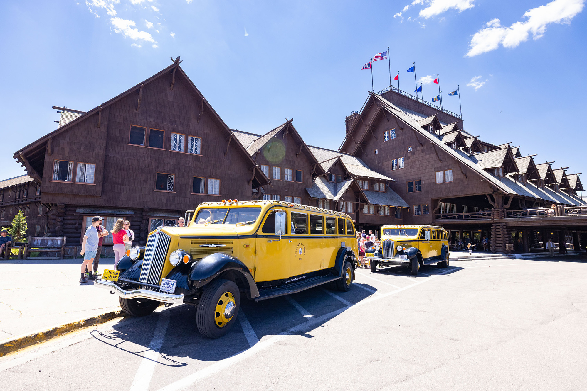 Historic White Buses at Old Faithful Inn