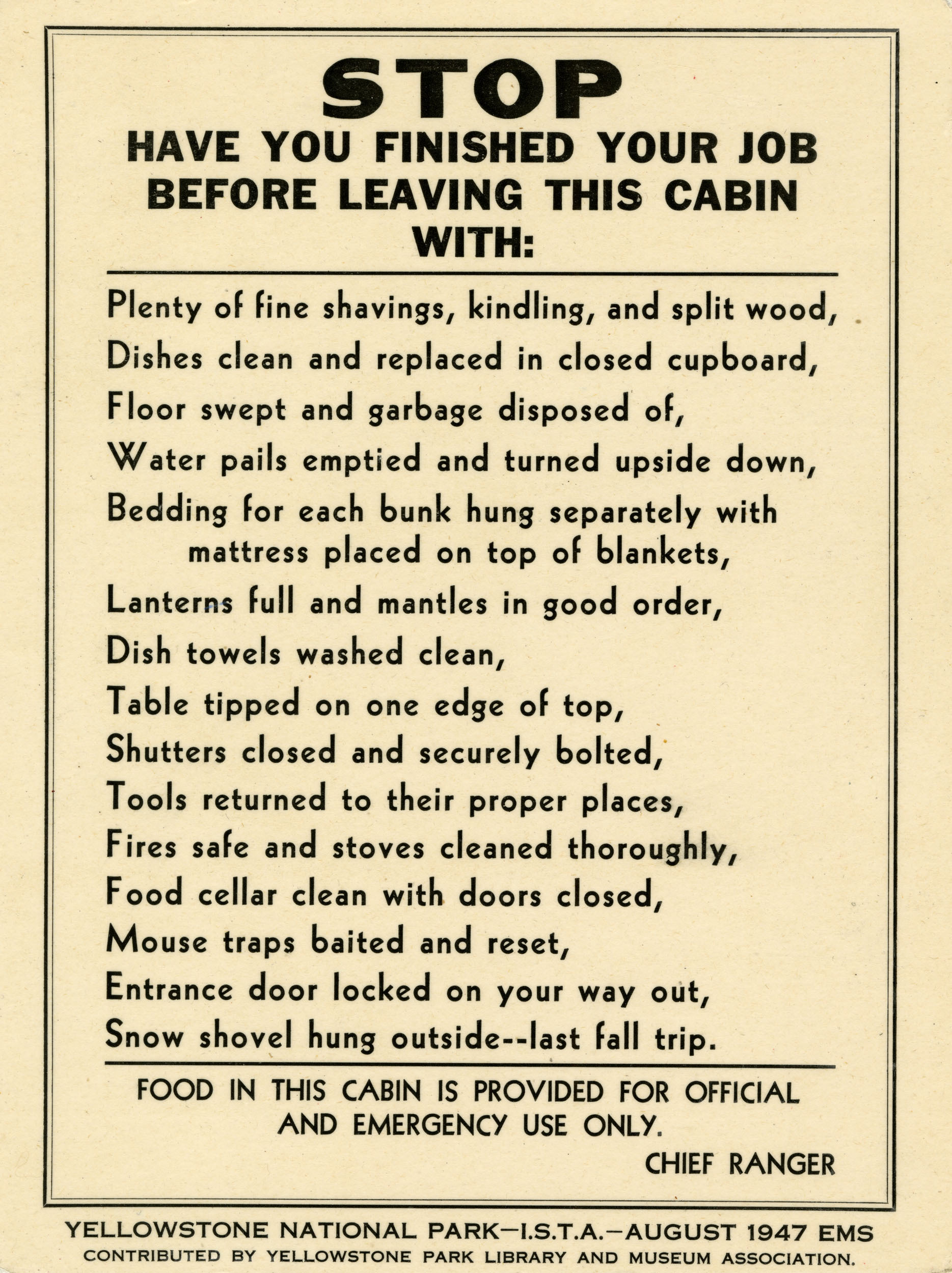 Backcountry Cabin Instructional Sign