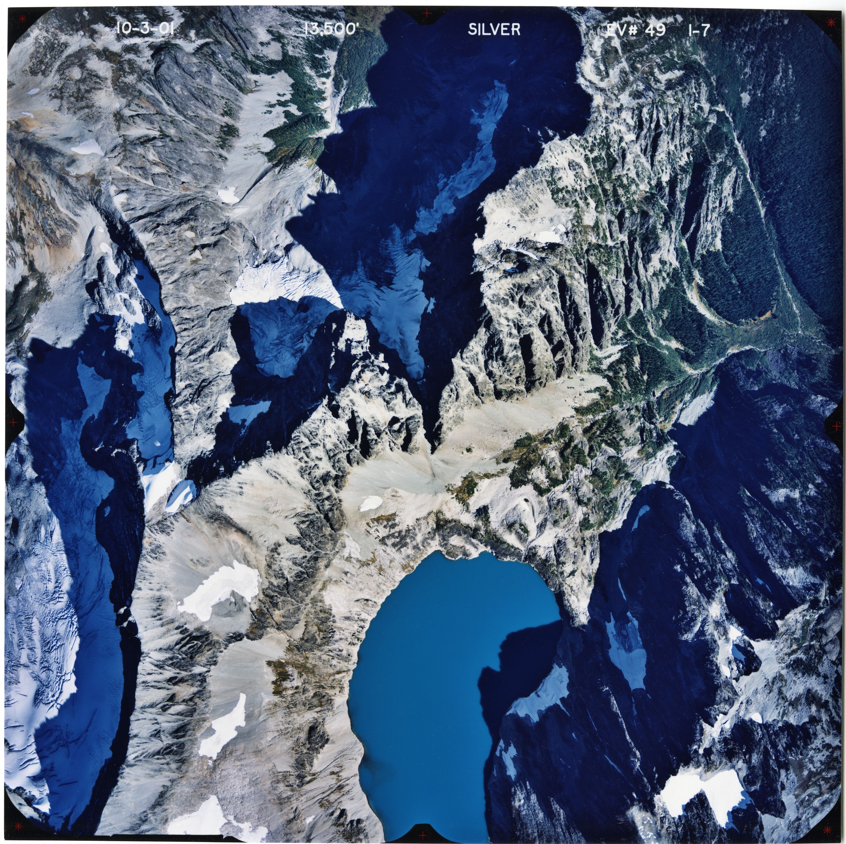 Color aerial photograph of glacier and snowfields on mountain peak with forested valleys below.