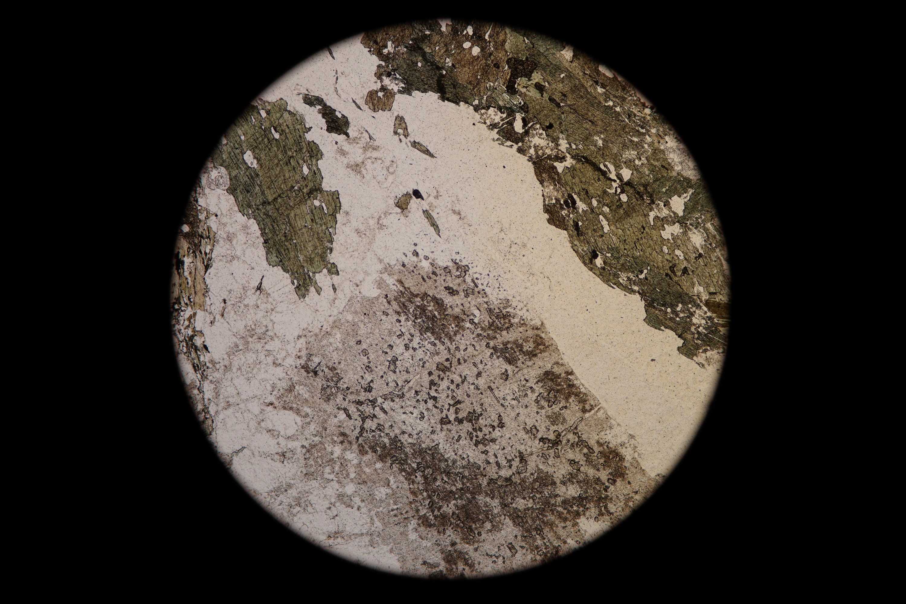 Circular microscopic image of rock structure.
