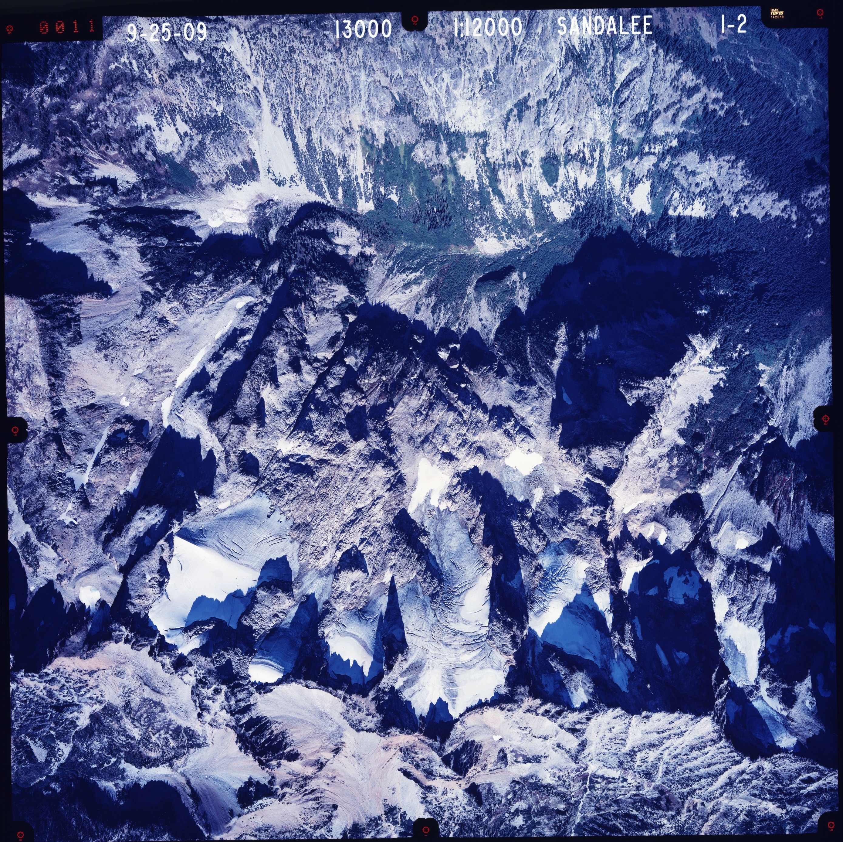 Color aerial photograph of glacier and snowfields on mountain peak with forested valleys below.