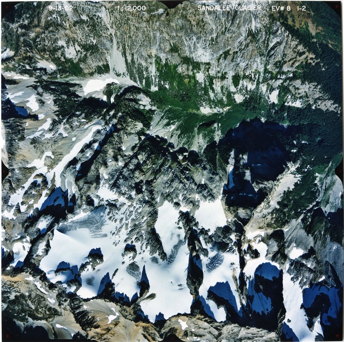 Color aerial photograph of glacier and snowfields on mountain peak with forested valleys below.