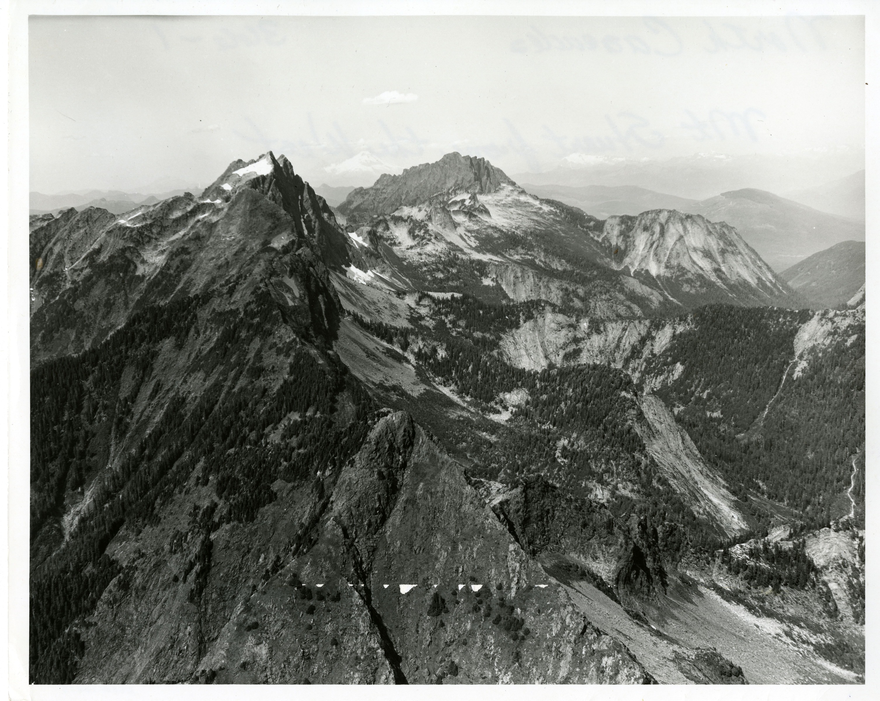 Forested mountain peaks.