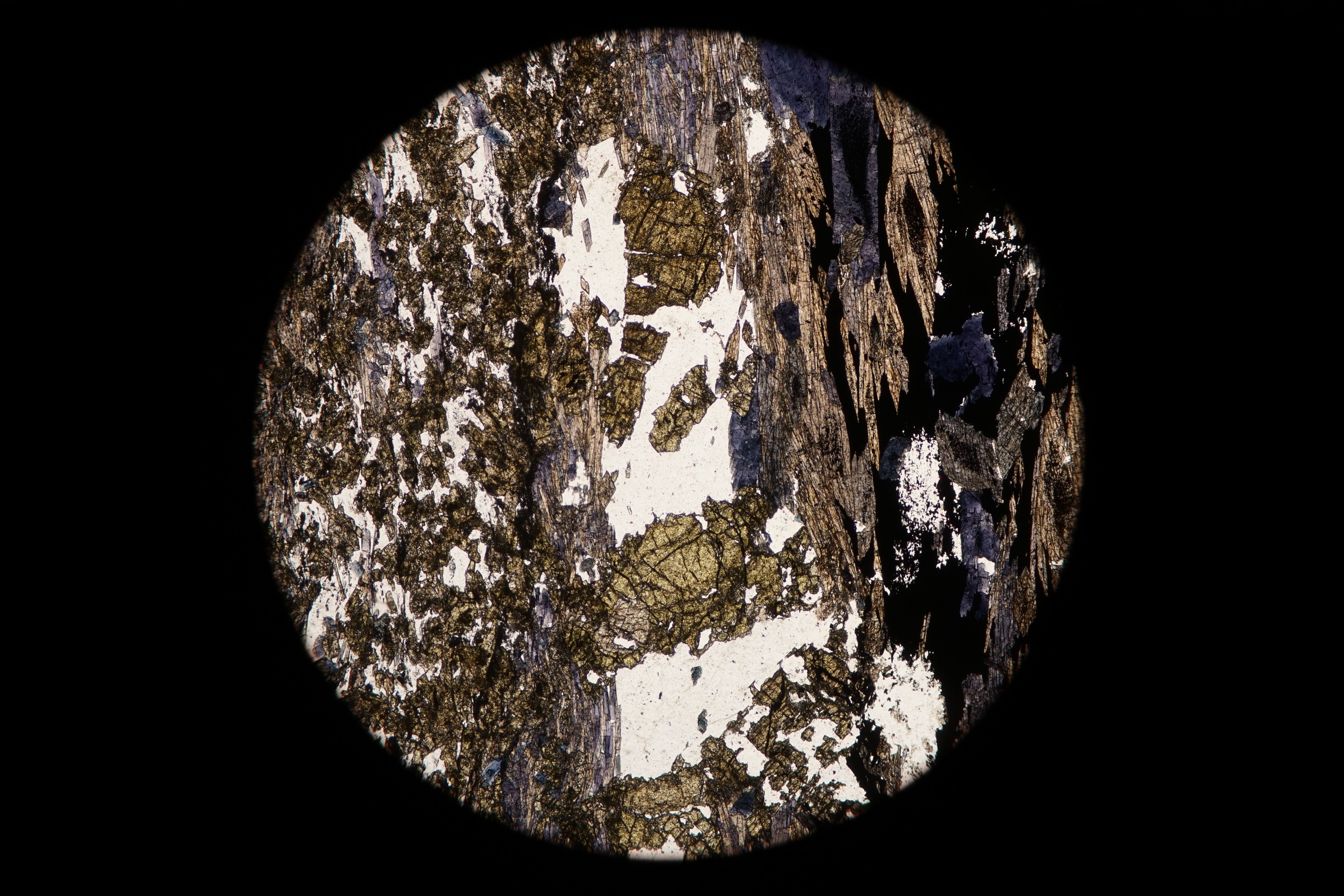 Circular microscopic image of rock structure.