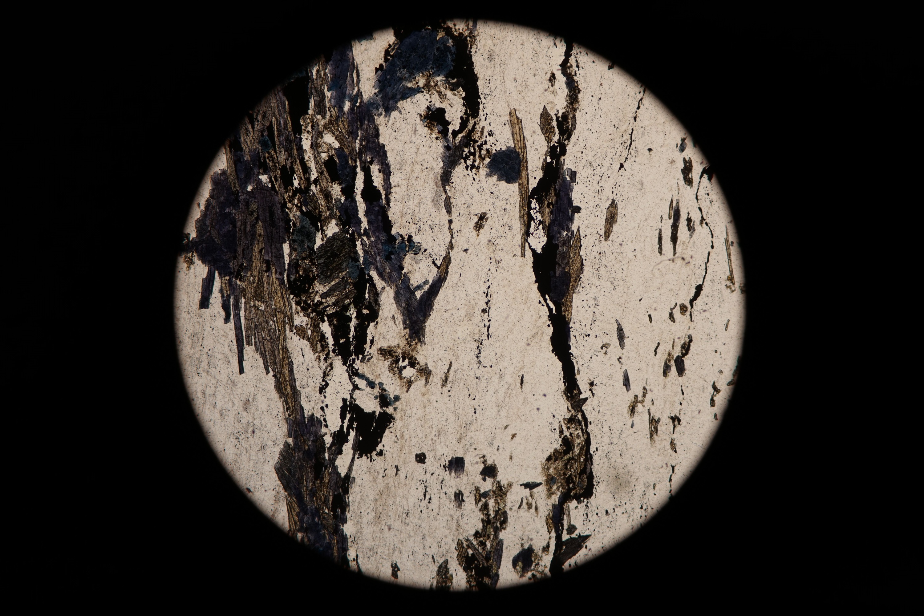 Circular microscopic image of rock structure.