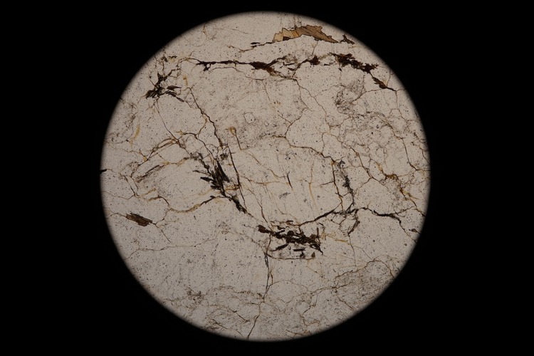 Circular microscopic image of rock structure.