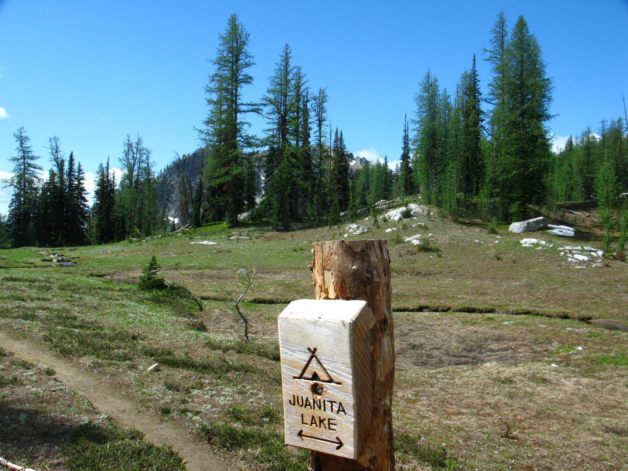 A camp sign in a subalpine meadow reads JUANITA LAKE.