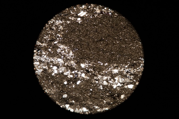 Circular microscopic image of rock structure.