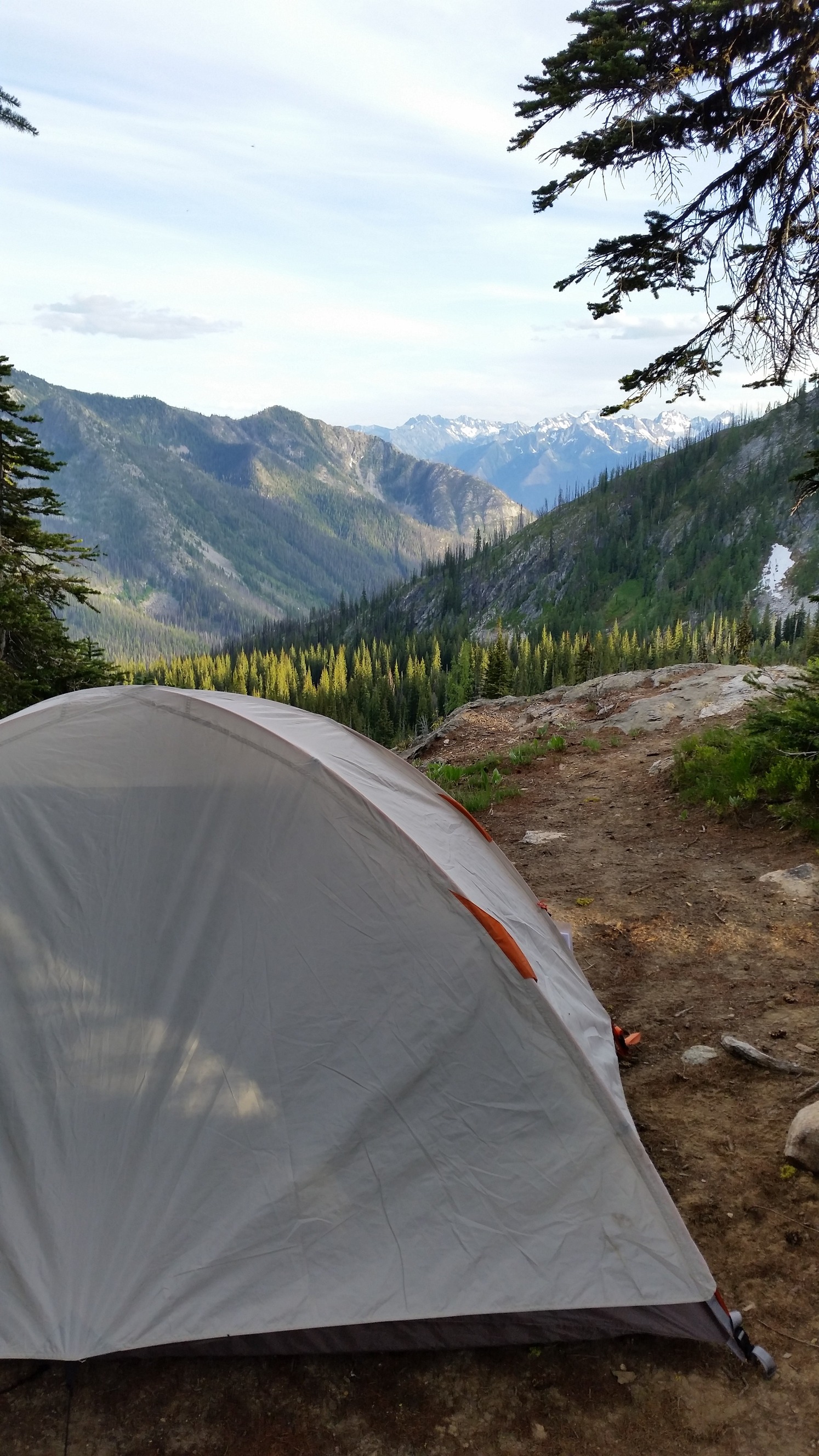 A white tent sits with a few of a forested valley and rugged peaks in the distance.