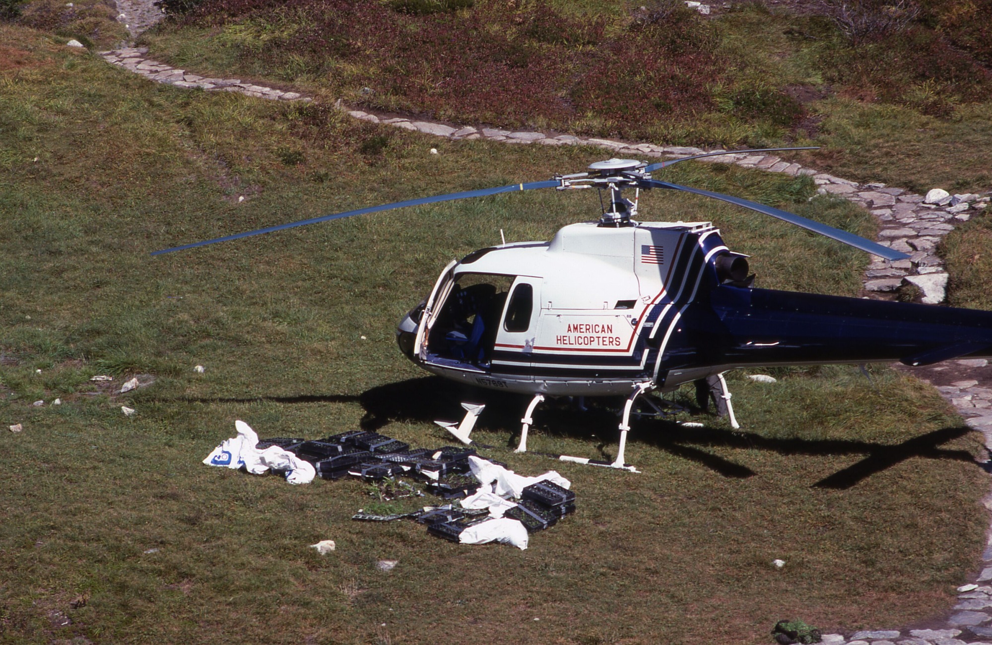 A landed helicopter in a meadow next to a rest area.
