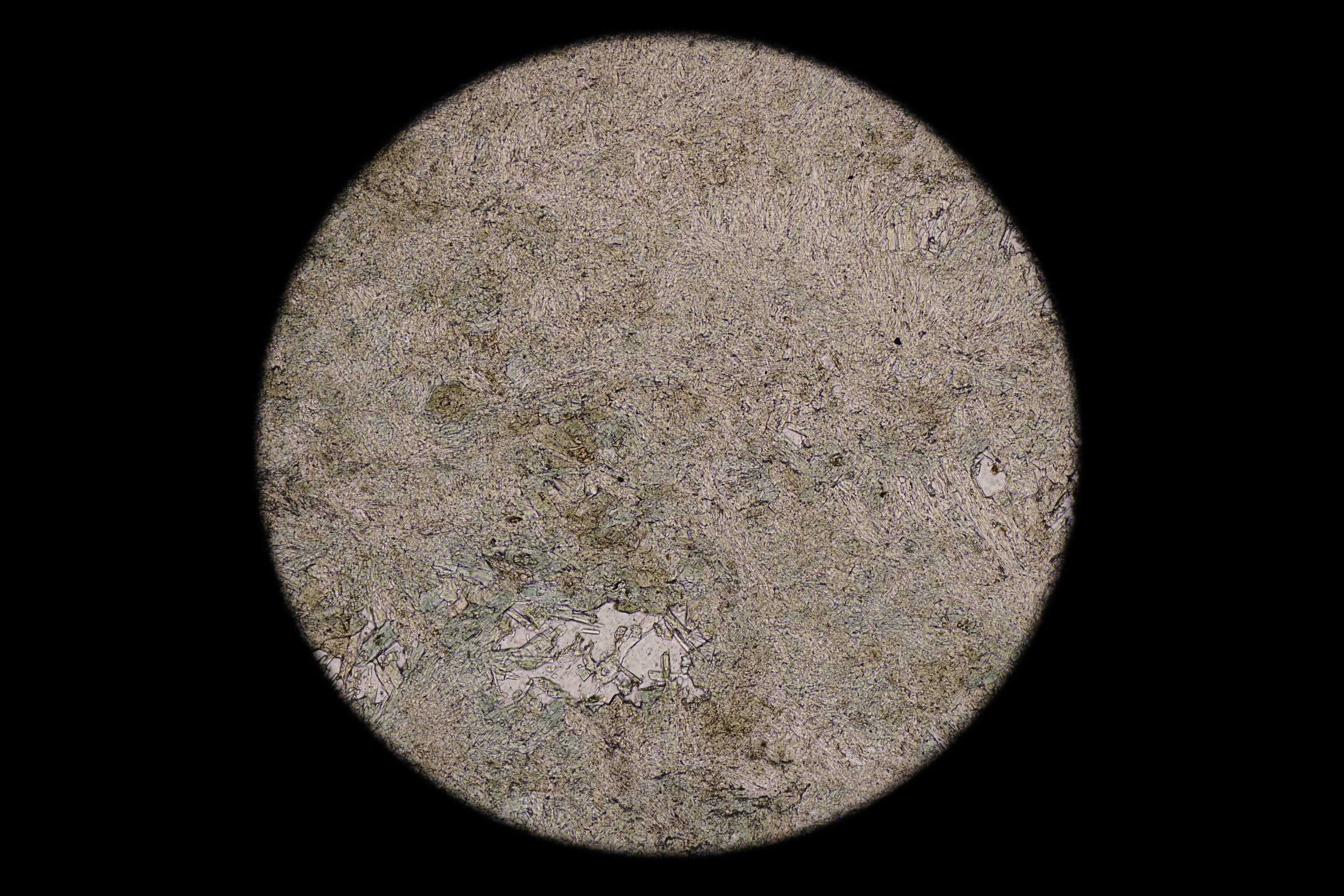 Circular microscopic image of rock structure.