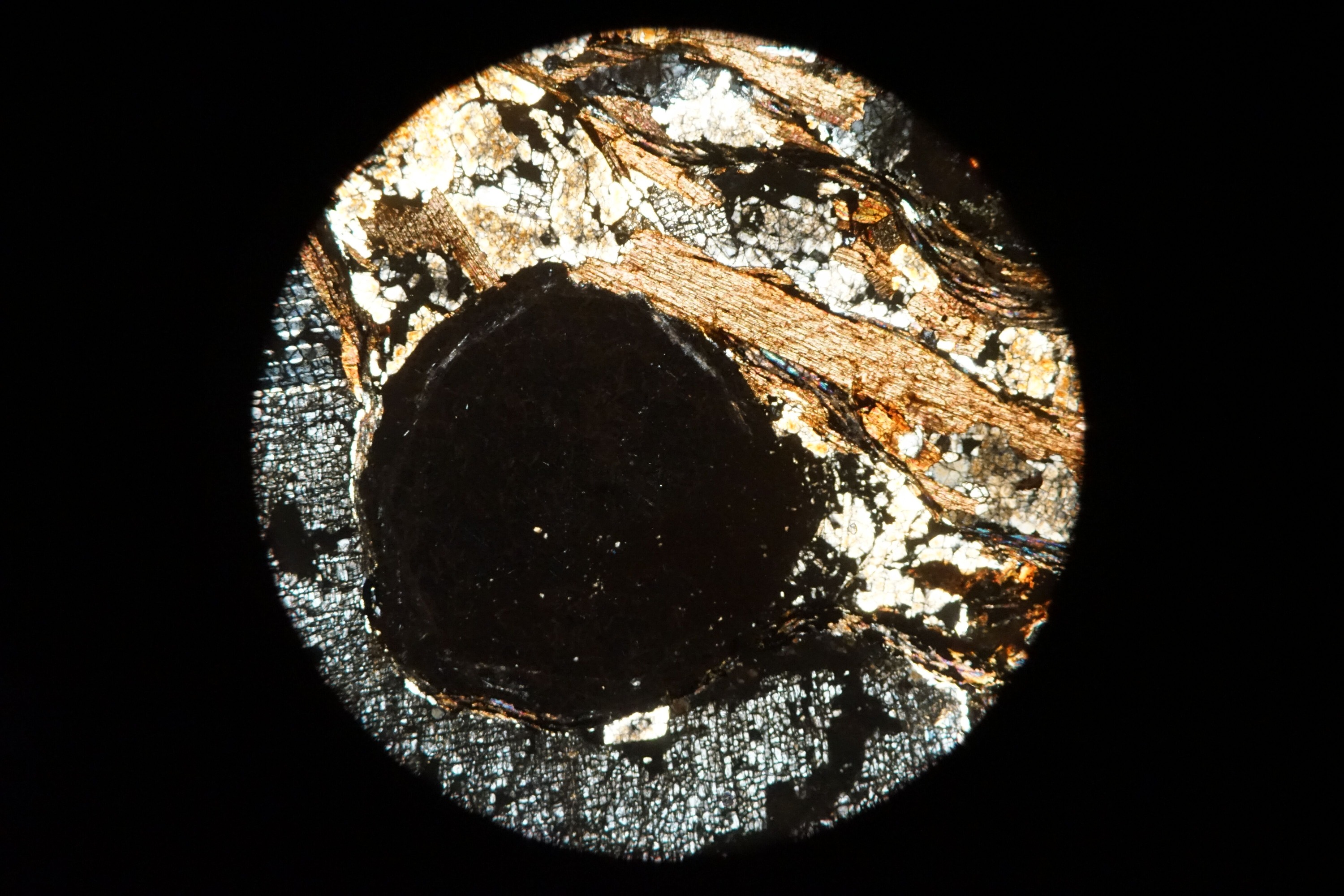 Circular microscopic image of rock structure.
