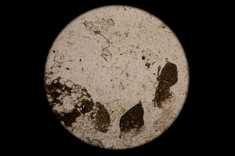 Circular microscopic image of rock structure.