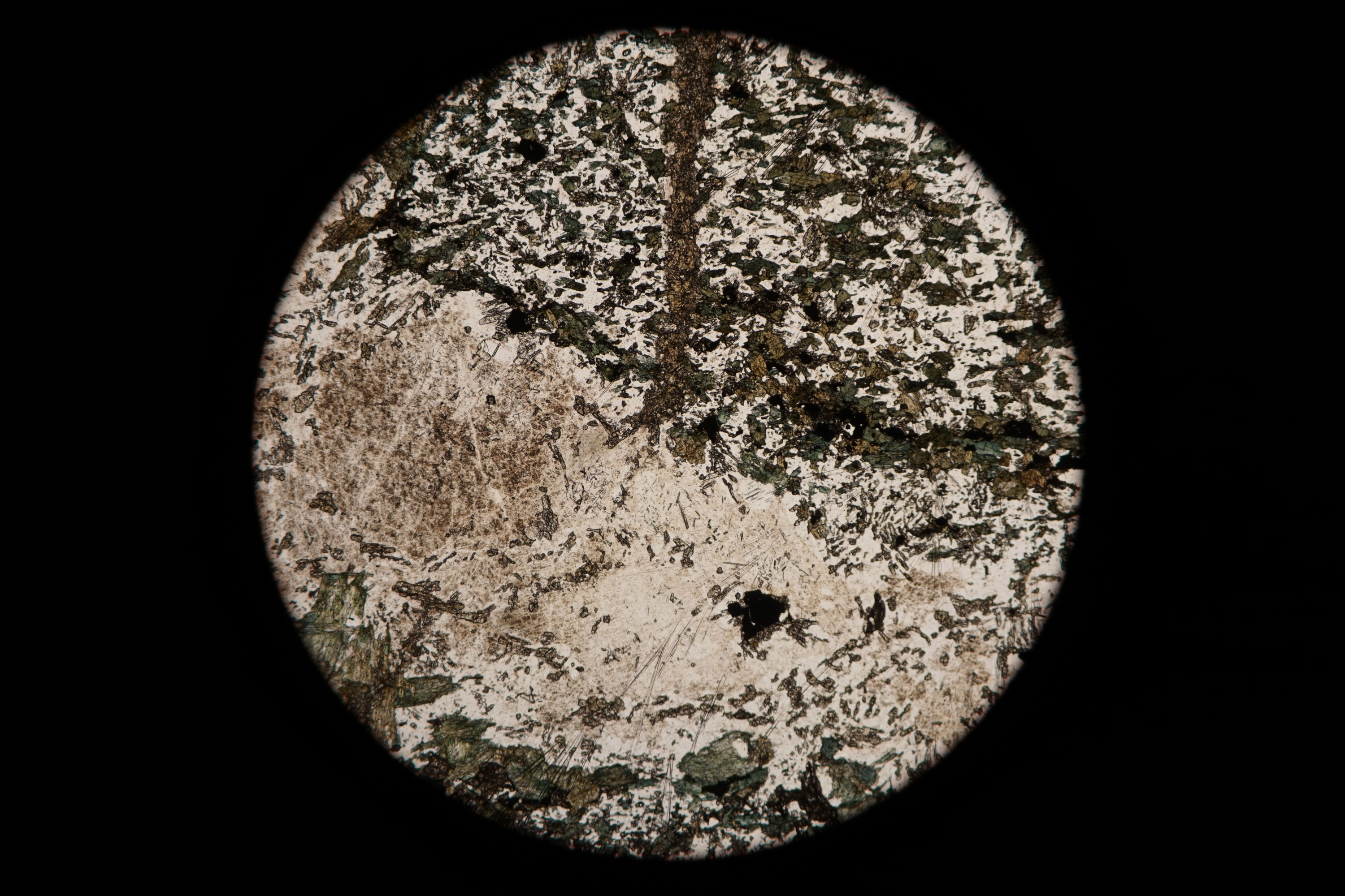Circular microscopic image of rock structure.