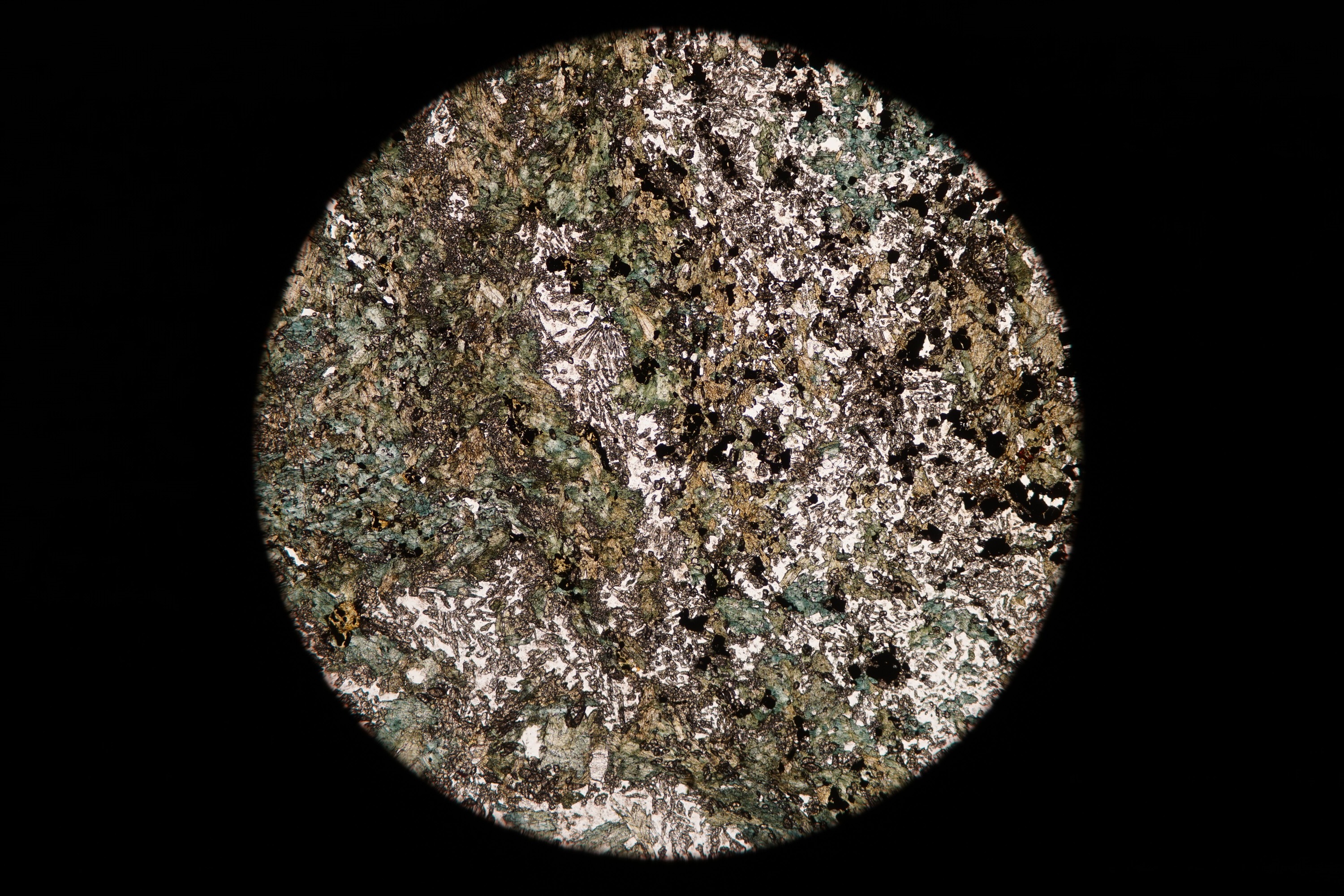 Circular microscopic image of rock structure.