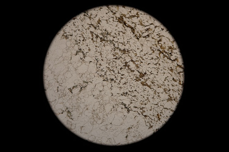 Circular microscopic image of rock structure.