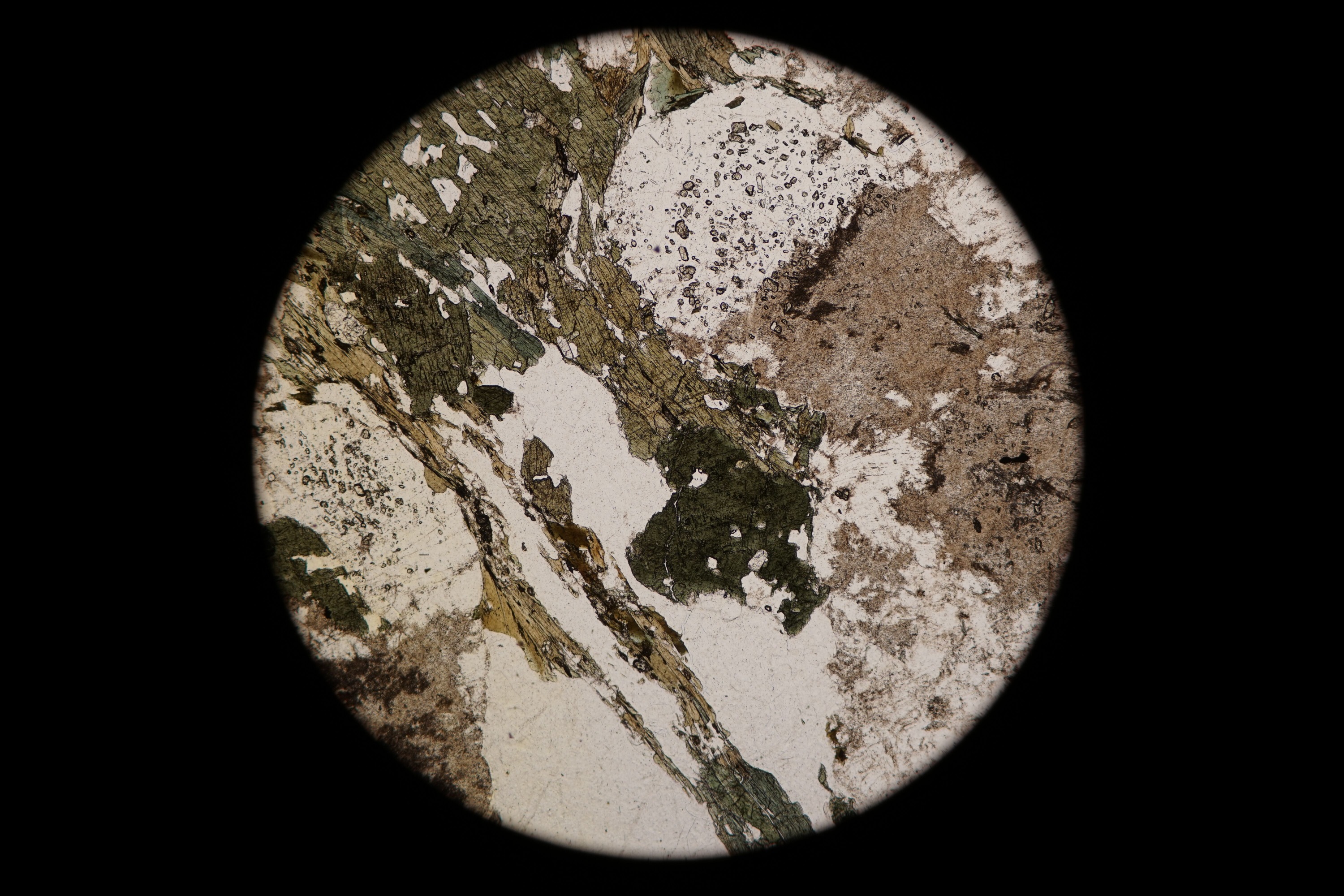 Circular microscopic image of rock structure.