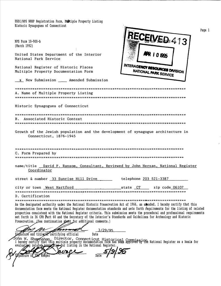 Historic Synagogues of Connecticut MPS