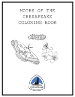 Text reads "Moths of the Chesapeake Coloring Book." Illustrations of a moth, caterpillar, and flower along with trail logo. 