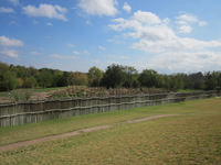 A grassy field with a waterbody.
