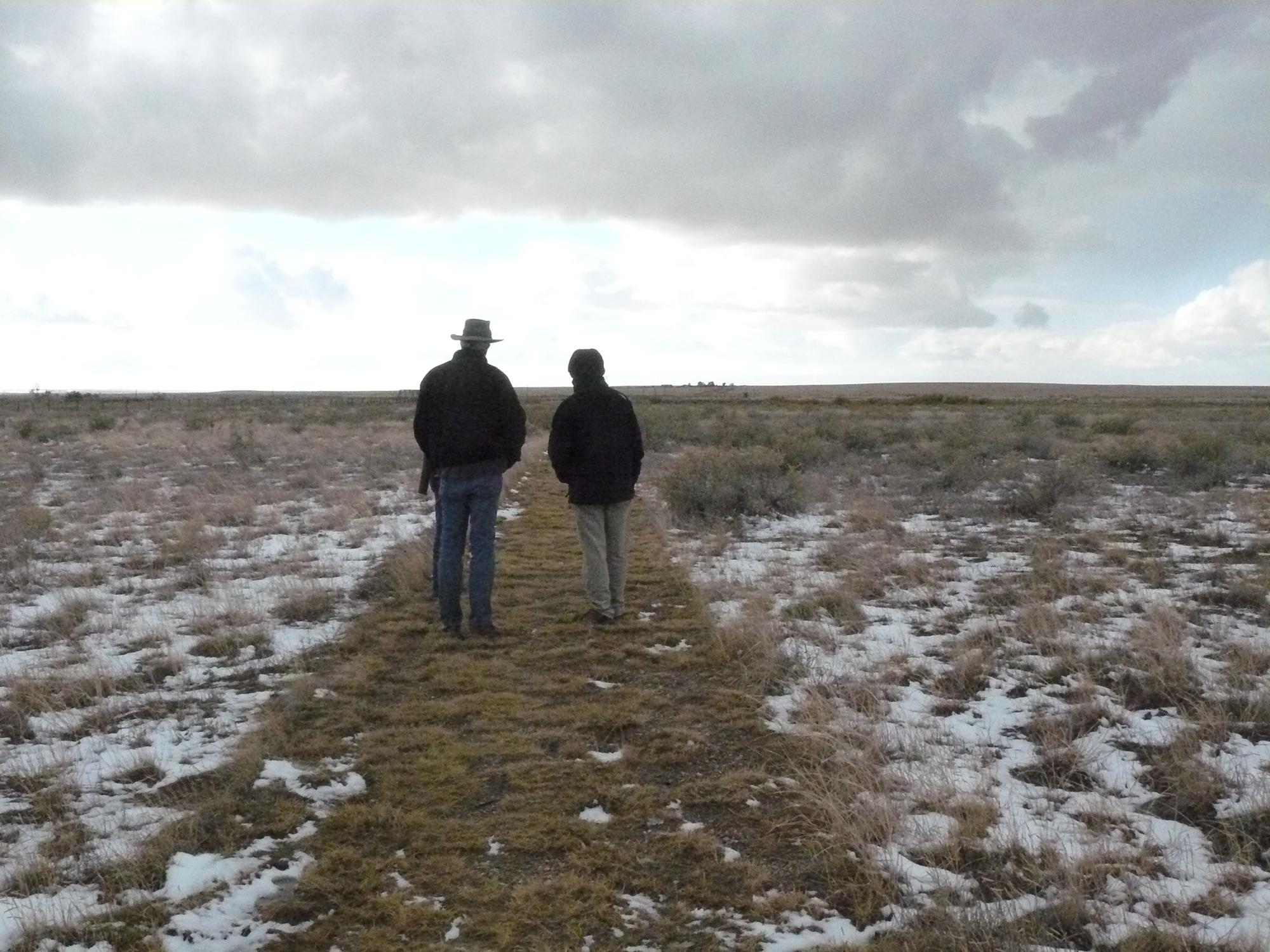 Two people walking on a path in the middle of the desert.