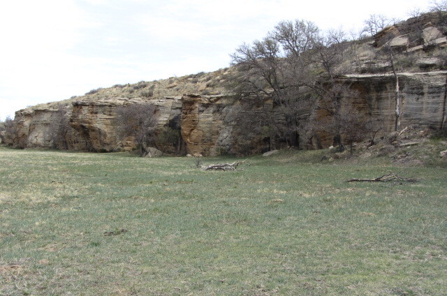 A beautiful grassy field next to a rocky cliff.