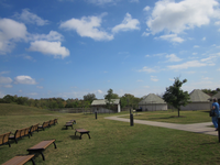 A grassy field with huts and benches.