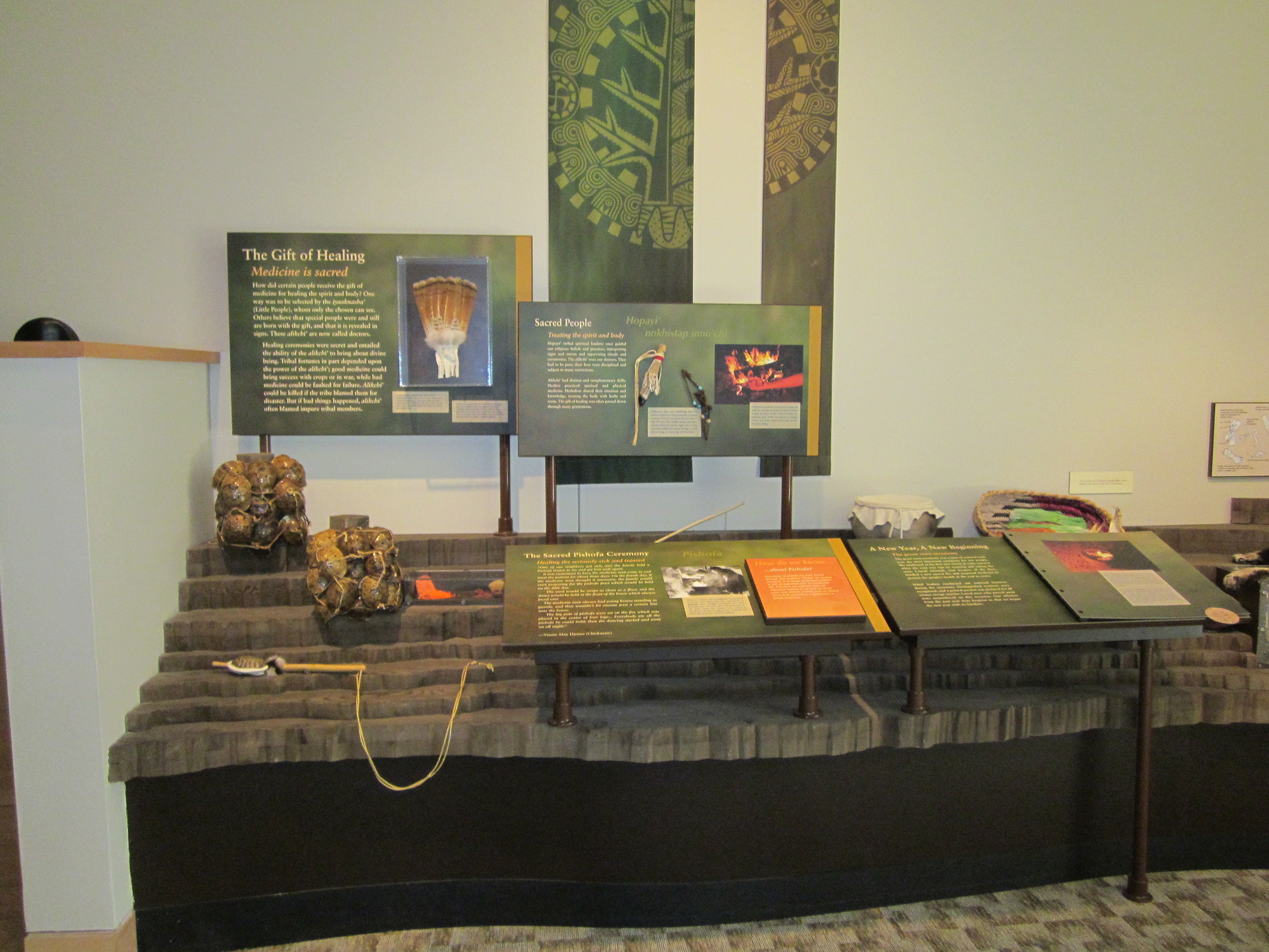 A display of artifacts in a museum setting.