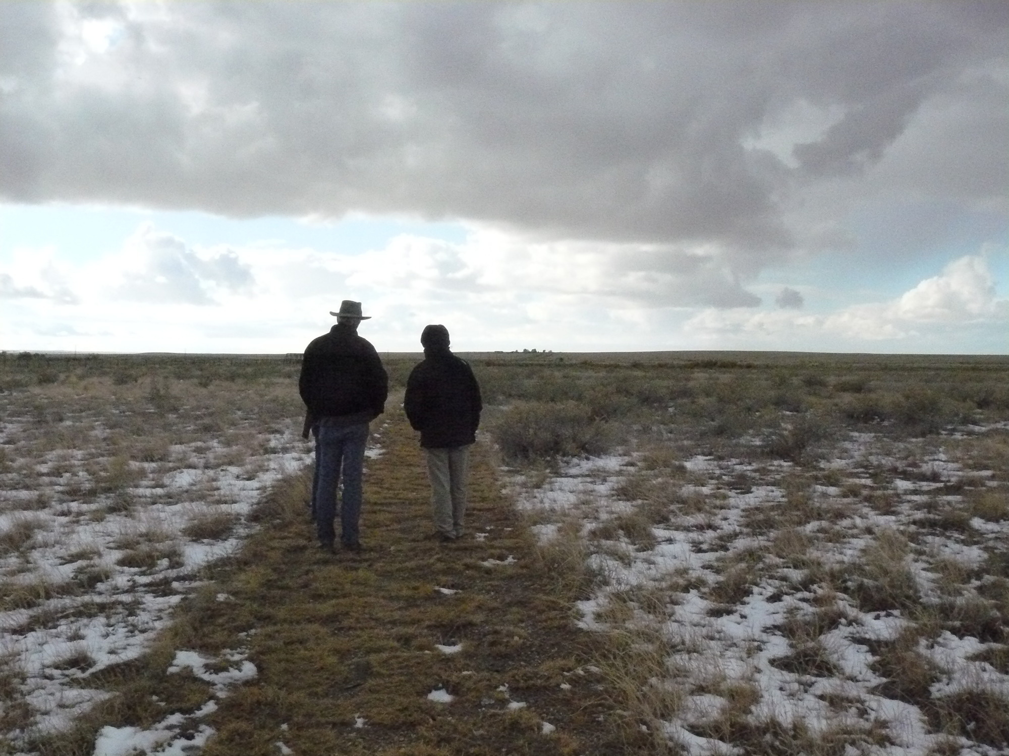 Two people walking on a path in the middle of the desert.