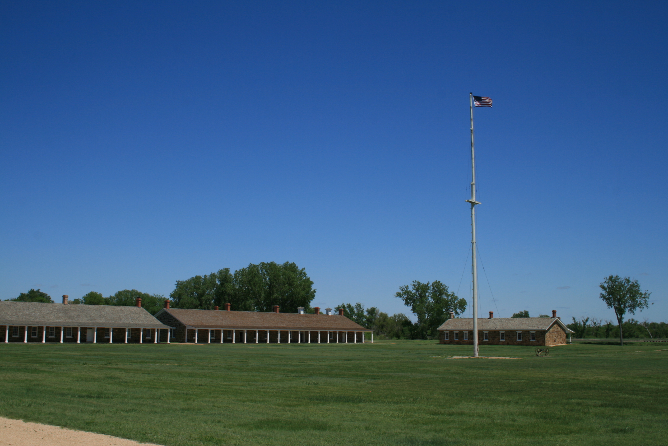 A green grassy field and houses in the background.