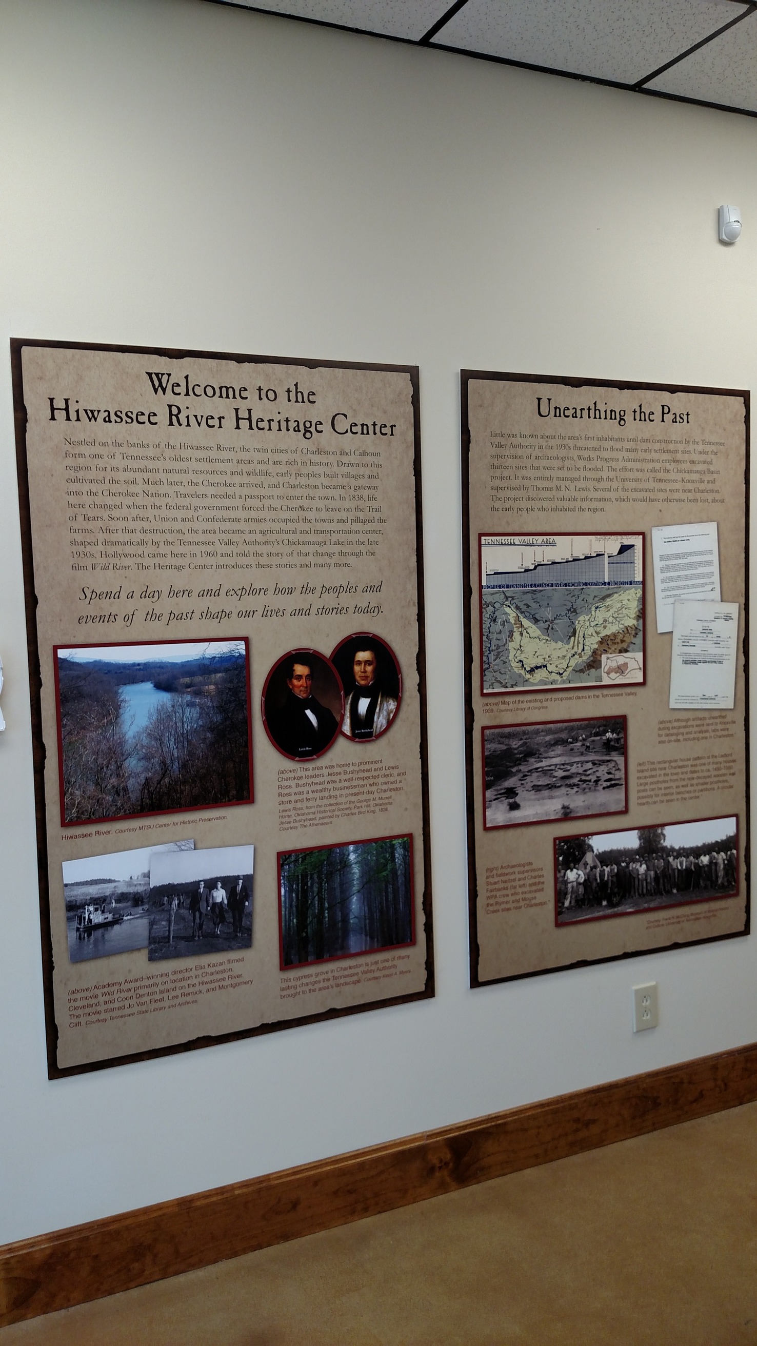 A display of posters in a inside a room.