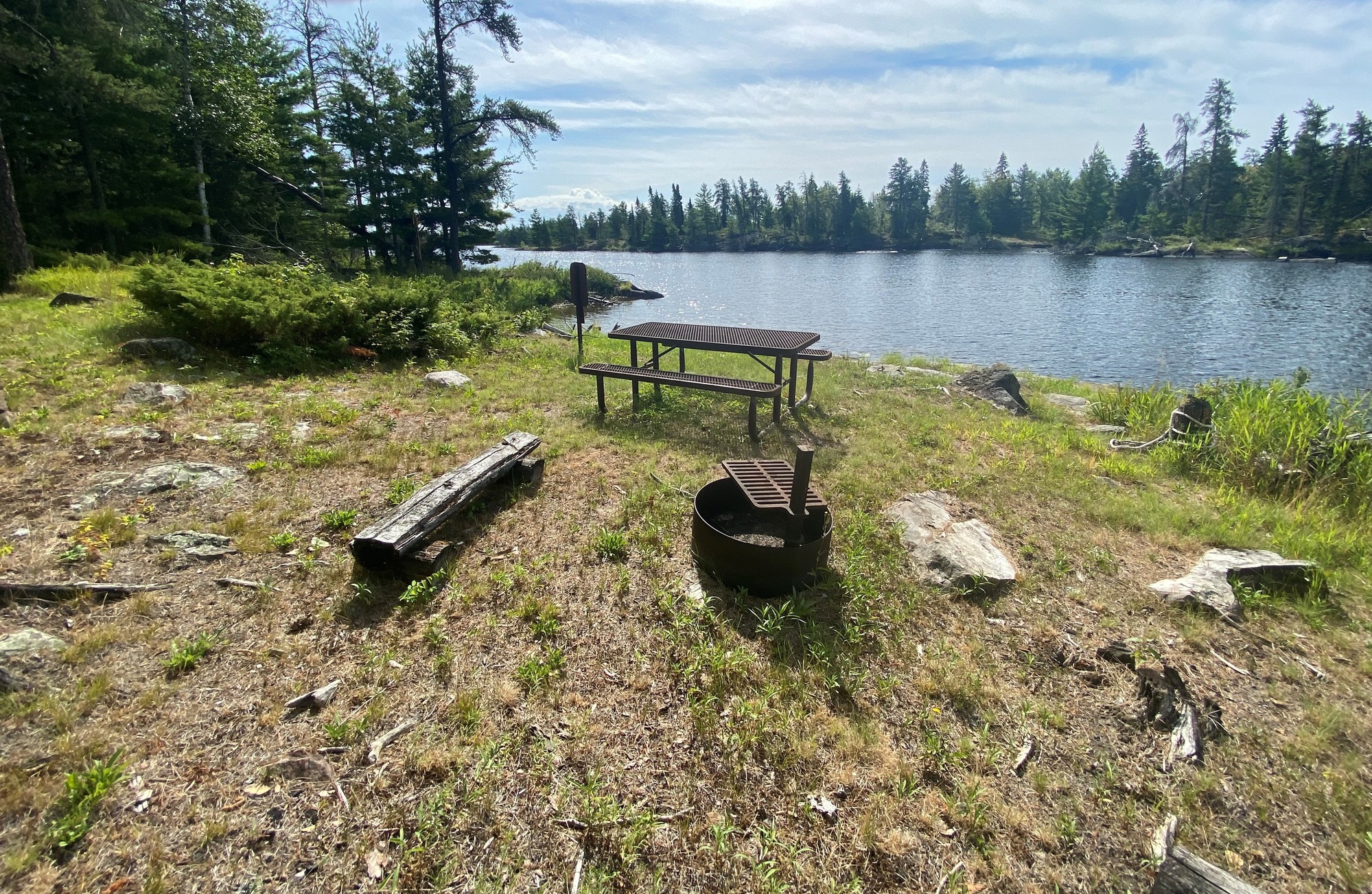 Sunlit lakeside campsite with a circular metal fire pit, a metal picnic table, logs, and calm blue water beyond pines.