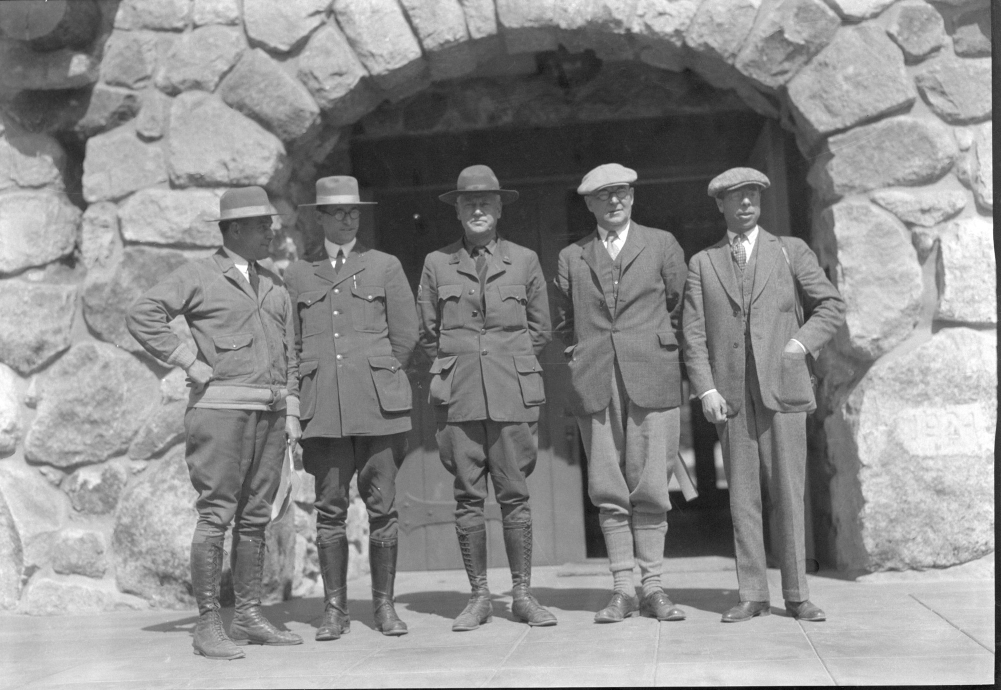 Meeting between NPS & Calif. State Fish & Game members L-R: Hull, Leavitt, Mather, McDougal & Greene