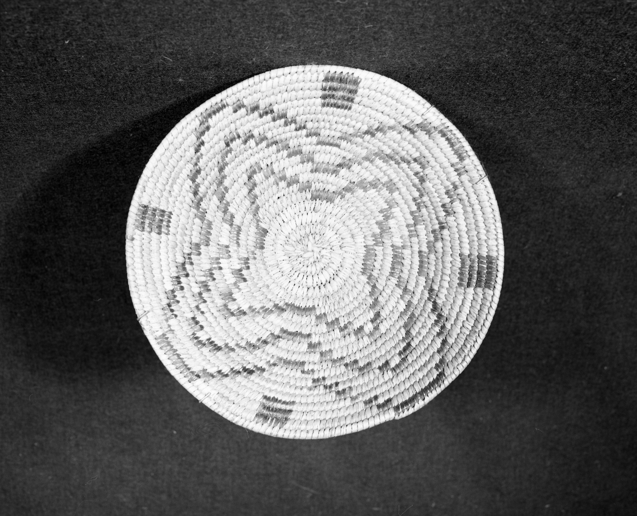 Marie Rozier Collection, Catalog No. 109. Object: Papago basket. Dimensions: 10 x 2 1/2". Materials: yucca, devil's cloth. Technology: ---. Collection History: Alice Reade Collection. Photographed by Michael Dixon, Dec. 1982. Catalogued by Craig Bates and Barbara Beroza. Yosemite Collections, National Park Service.