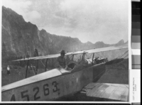 James Krull who flew his plane (1st) to land & take off from Yosemite Valley. Lt. J.S. Krull of the U.S. Army. He landed in the Leidig Meadow on May 27, 1919. Plane is a Curtis JN-4 (a WWI era training plane). Photo donated by Mary Babayco. copied by Michael Dixon, copied 1987