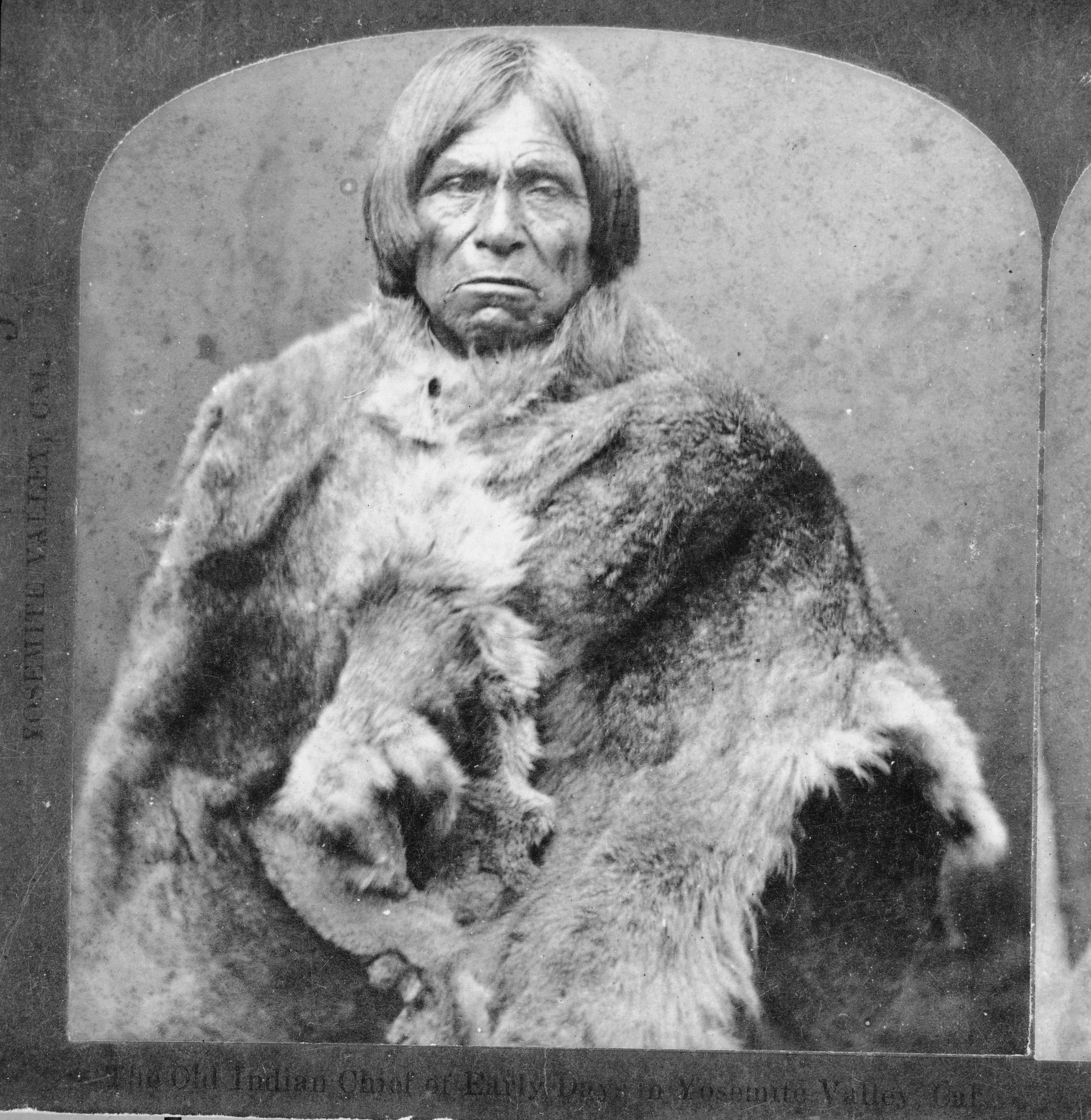 Copy Neg: MD 7/24/85. Detail of L. Smaus stereo (RL-16,587). Caption: "The Old Indian Chief of Early Days in Yosemite Valley, Cal."