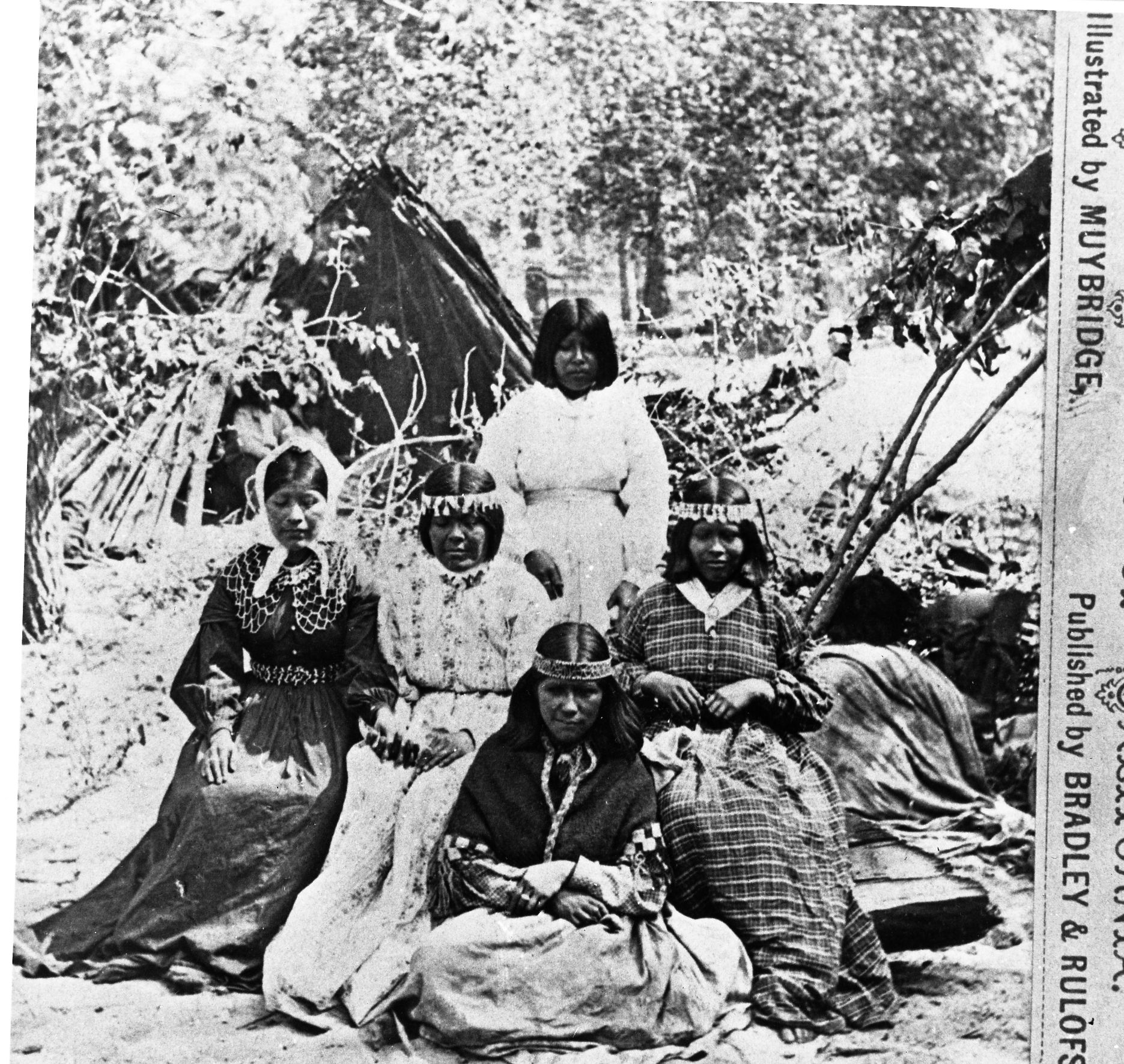 A Group of Maripos Belles #1584. Muybridge photo published as a stereo by Bradley & Rulofson in the Indians of California series.