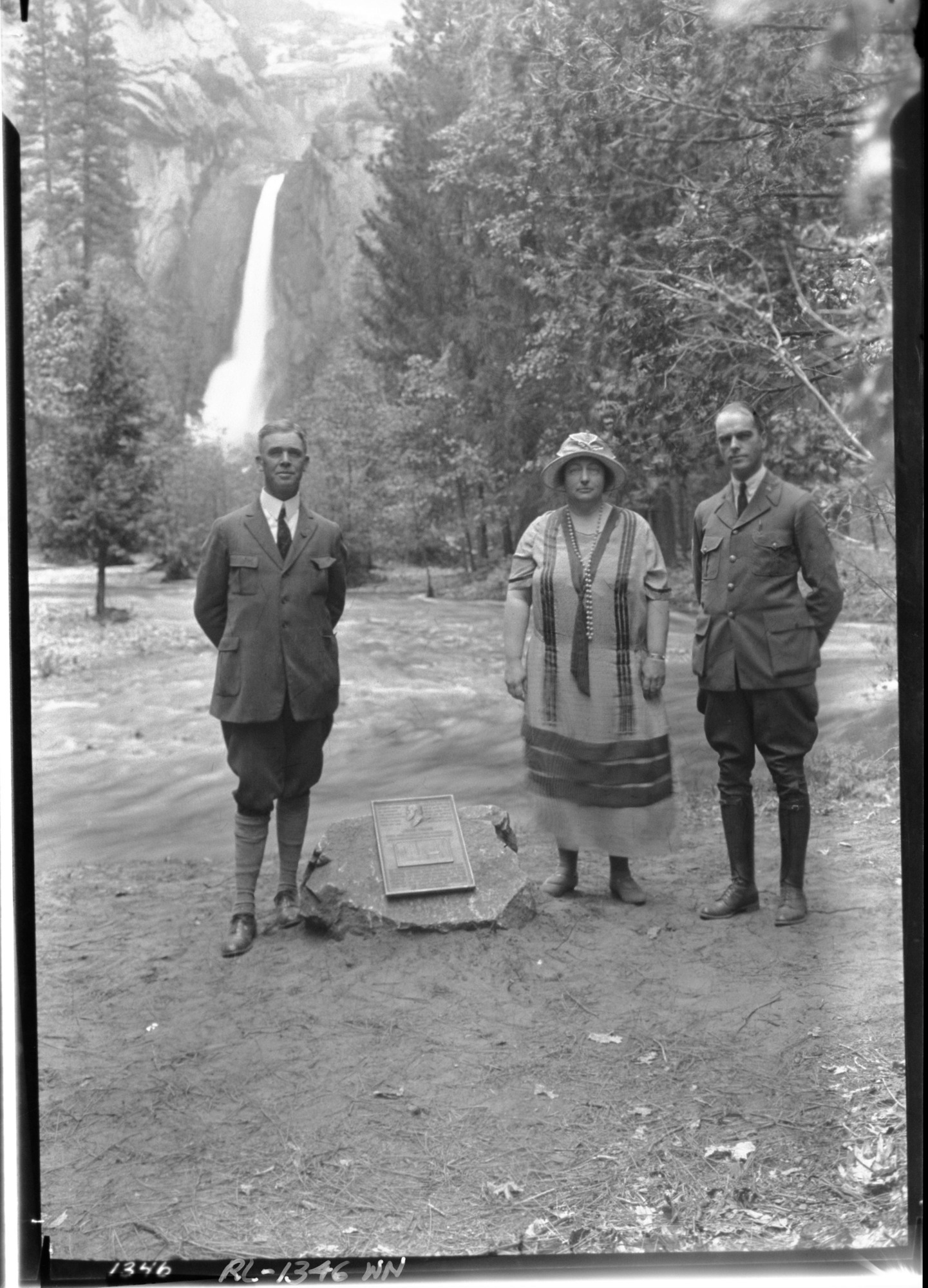 Dedication of John Muir plaque on Yosemite Falls trail. L-R: Prof. Bade, Muir's Daughter [Wanda], Supt. Lewis.