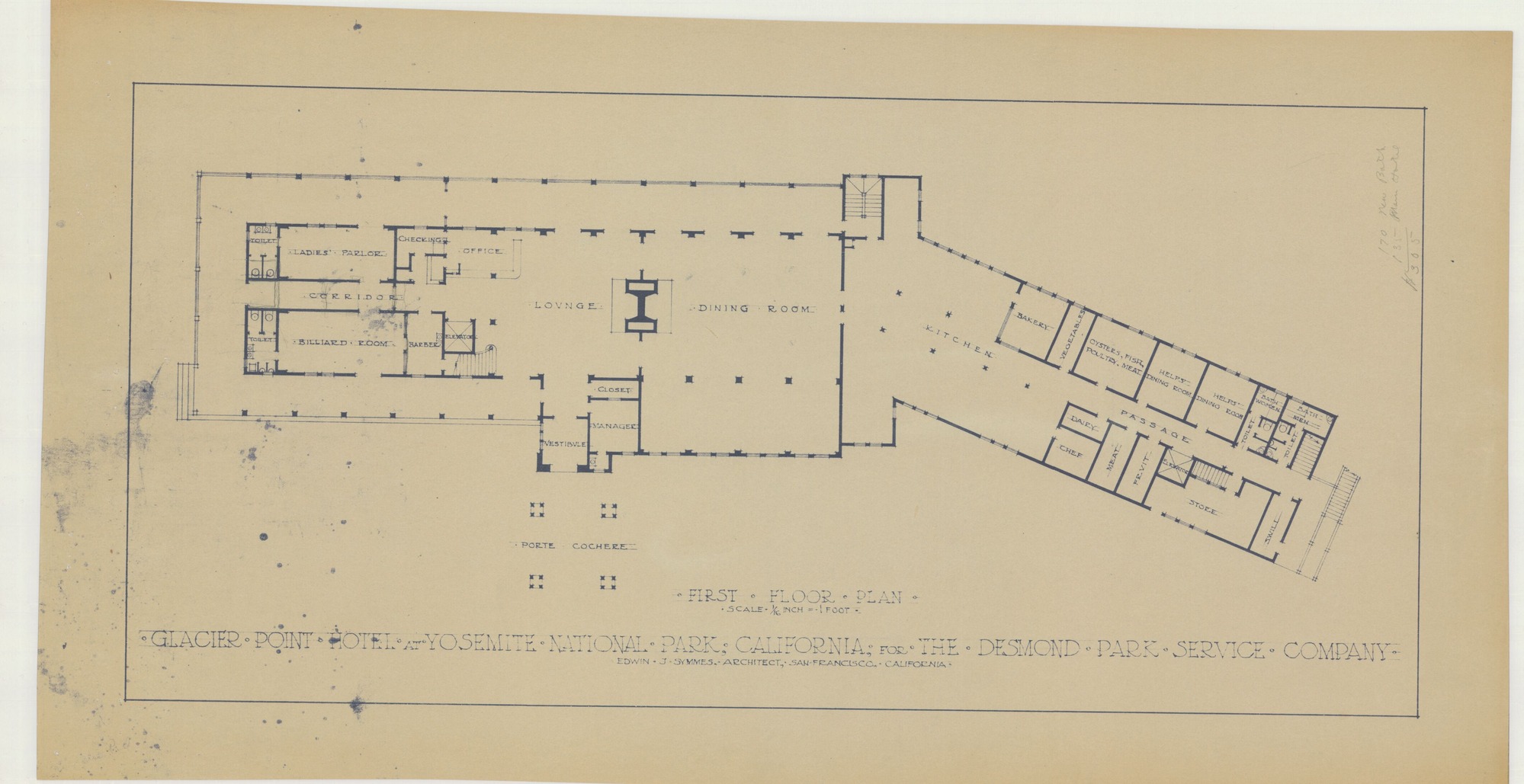 First Floor Plan Hotel at Glacier Point for the Desmond Park Service Company