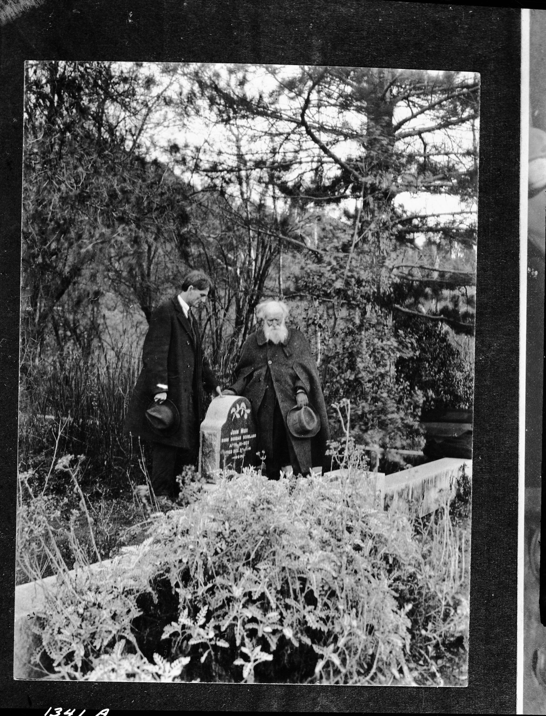 John Burroughs [right] and Charles Keeler [left] at Muir's grave. At Alhambra [Valley].