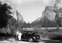 At Valley View. On occasion of first return trip to Yosemite after August 23, 1913 when he, a boy of 15 accompanied his family to the park over the Oak Flat Road and was issued the first auto permit to Yosemite Permit signed by Chief Townsley and stamped Wm. T. Littebrant, Acting Supt.
