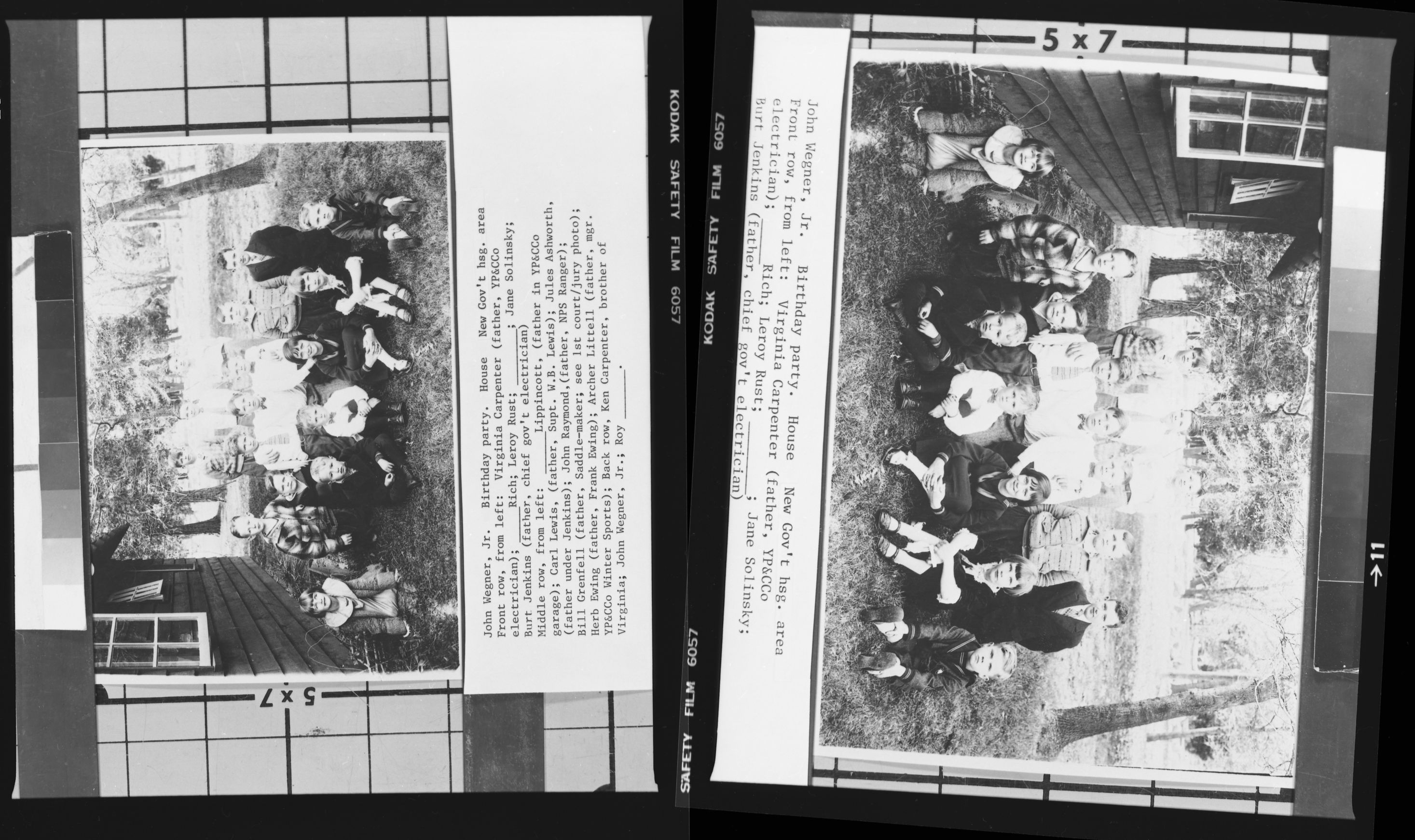 John Wegner, Jr's birthday party. House in new Govt. housing area. Front Row (left to right): Virginia Carpenter (father, Y.P.&C.Co. electrician); ____ Rich; Leroy Rust; ____; Jane Solinsky; Burt Jenkins (father, chief Govt. electrician. Middle Row: ____ Lippincott (father in Y.P.&C.Co. garage); Carl Lewis (father Supt. W.B. Lewis); Jules Ashworth (father under Jenkins); John Raymond (father, NPS Ranger); Bill Grenfell (father, saddle-maker [see RL-15,543]; Herb Ewing (father Frank Ewing- NPS); Archie Littel (father, Mgr. Y.P.&C.Co. Winter Sports). Back Row: Ken Carpenter (brother of Viriginia); John Wegner, Jr.; Roy ____