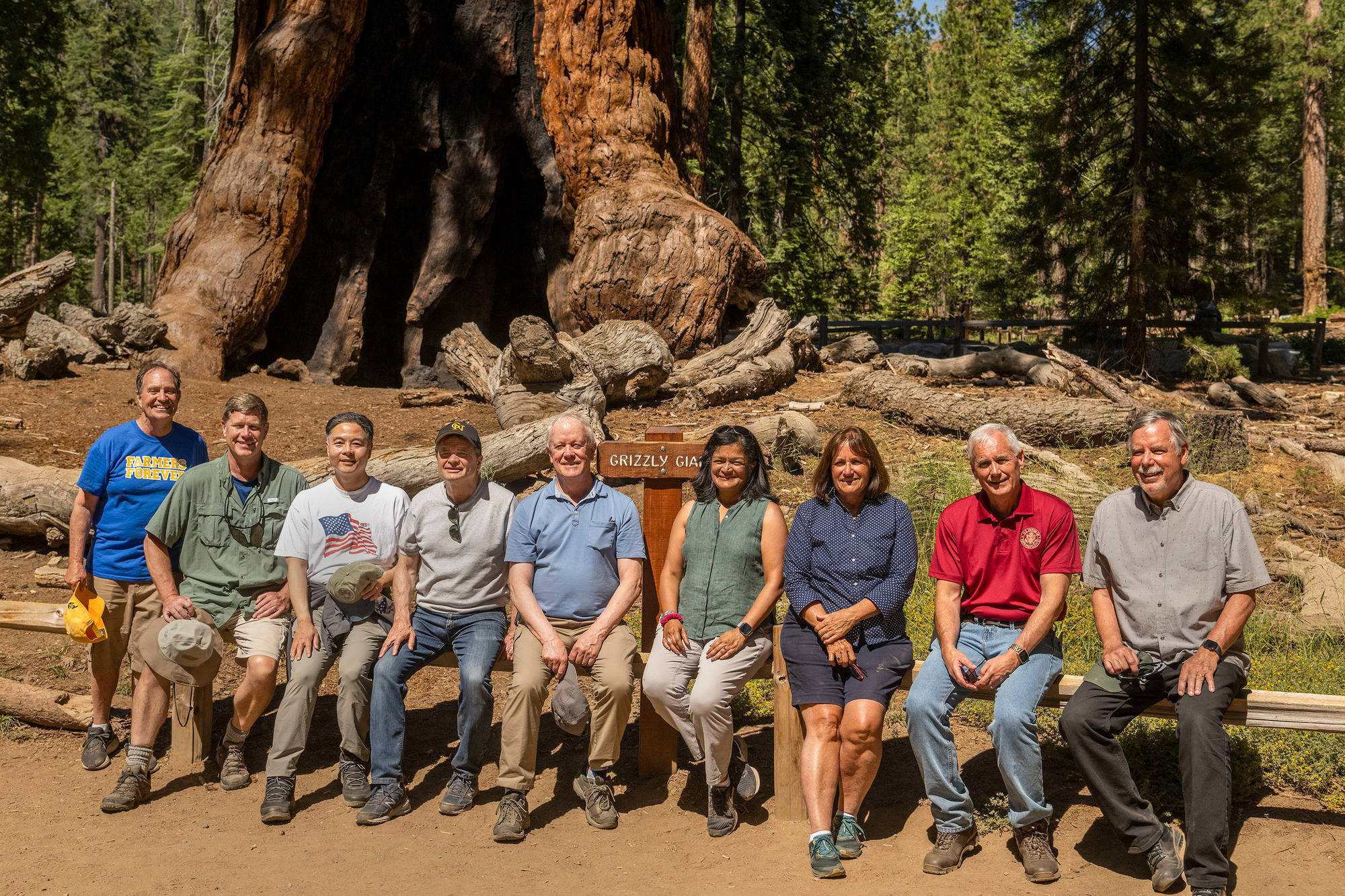 Congressional Delegation pose in front of Grizzly Giant with Frank Dean