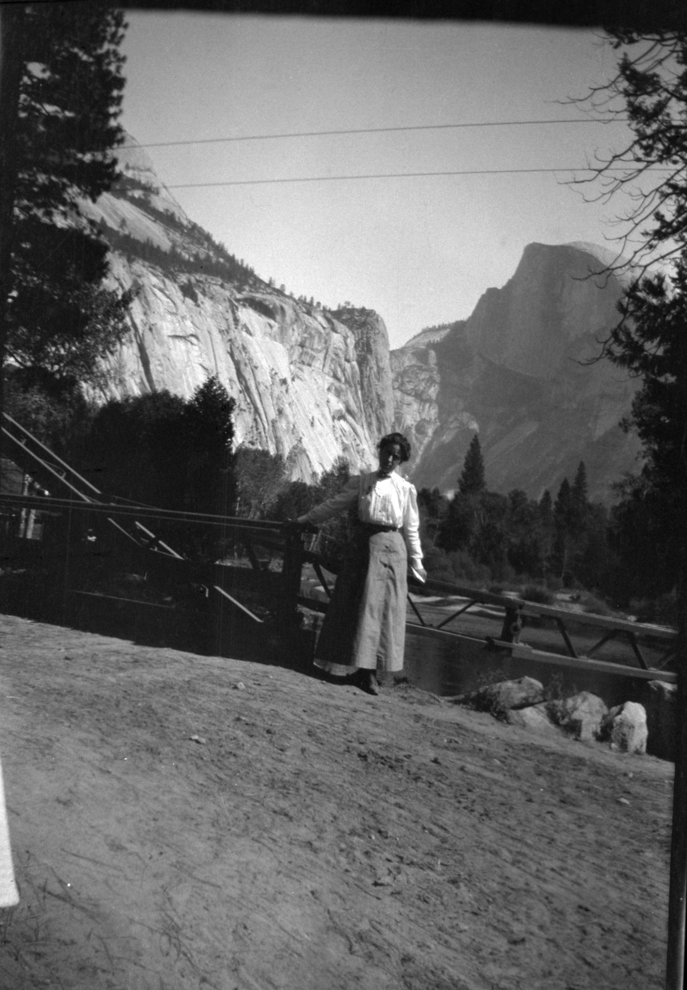 Maud Harris, wife of Harvey E. Harris, Jr. & mother of Thomas H. Harris at Sentinel bridge. Copied from Thomas Harris' original negative by Michael Dixon, October 1984.