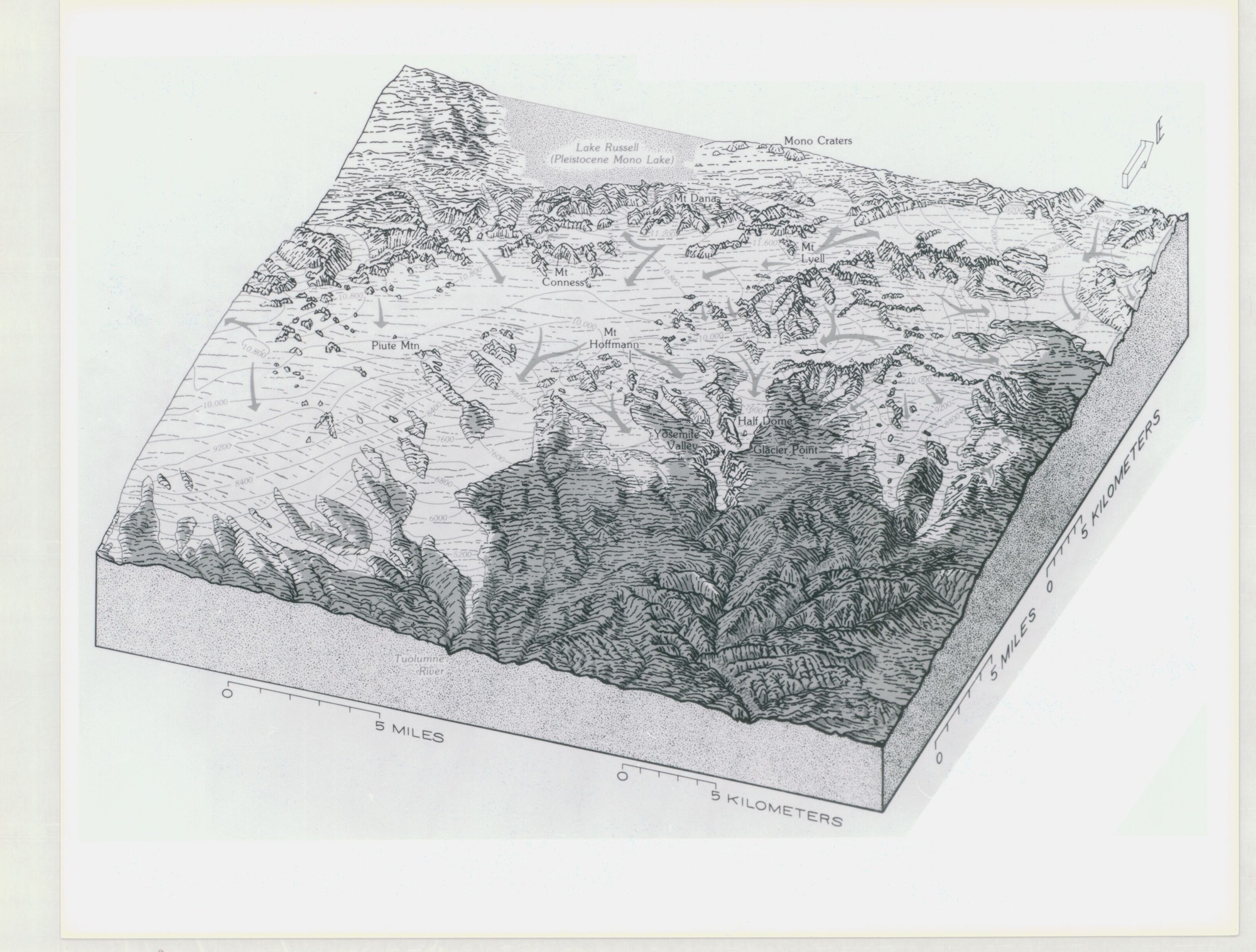 Topographic Map of Yosemite National Park with Arrows
